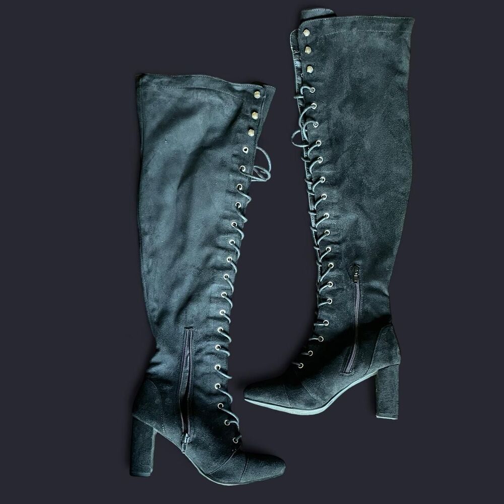 Gothic suede lace up knee high heels women’s 6